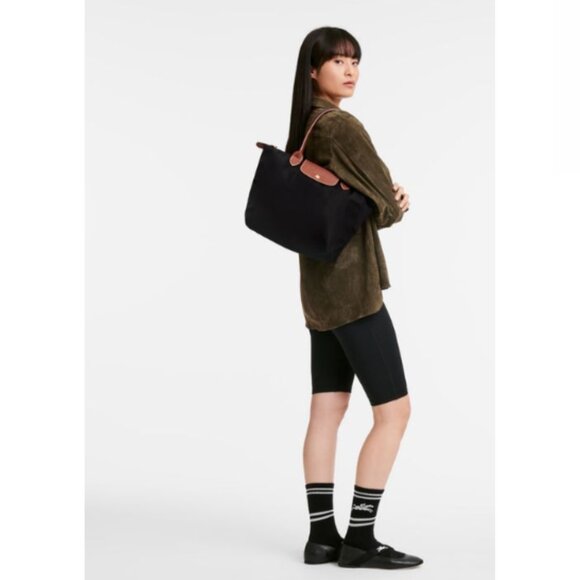 Longchamp Le Pliage Original M Tote Bag Black with Brown Leather Trim - Picture 2 of 15